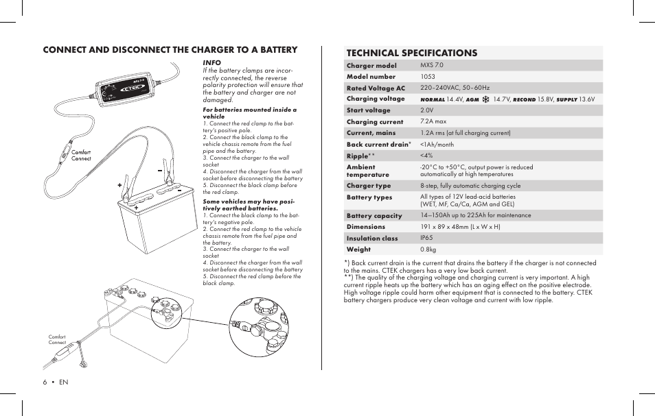 Comfort connect, Technical specifications, Connect and disconnect the charger to a battery | CTEK MXS 7.0 User Manual | Page 4 / 6