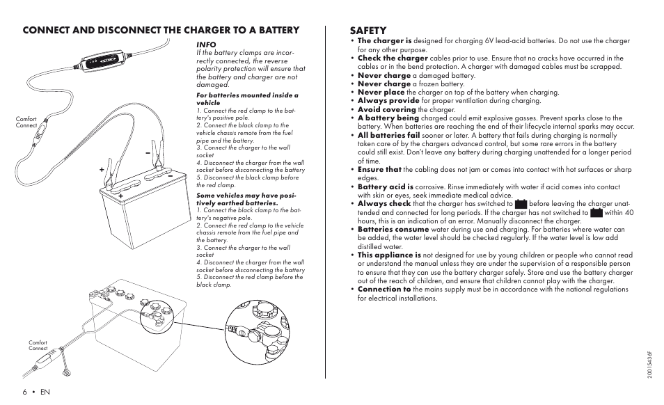Comfort connect, Safety, Connect and disconnect the charger to a battery | CTEK XC 0.8 User Manual | Page 4 / 5