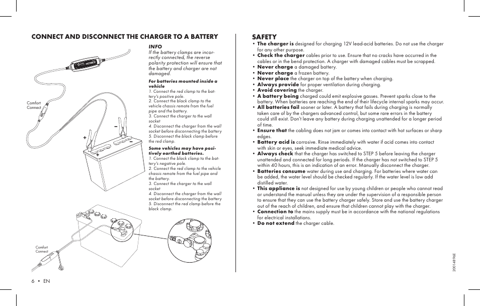 Comfort connect, Safety, Connect and disconnect the charger to a battery | CTEK XS 0.8 User Manual | Page 4 / 5