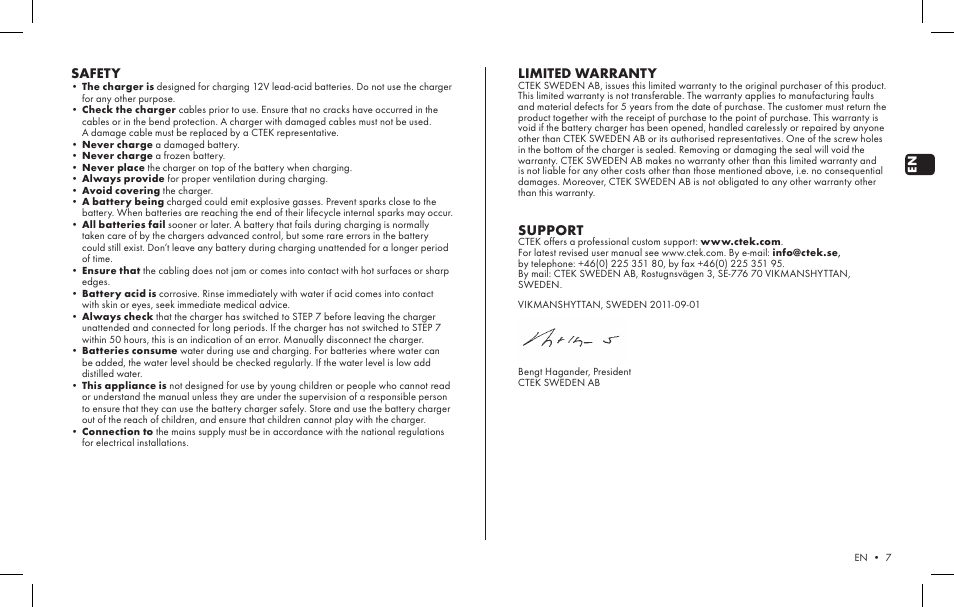 Safety, Limited warranty, Support | CTEK MXS 5.0 v1 User Manual | Page 5 / 6