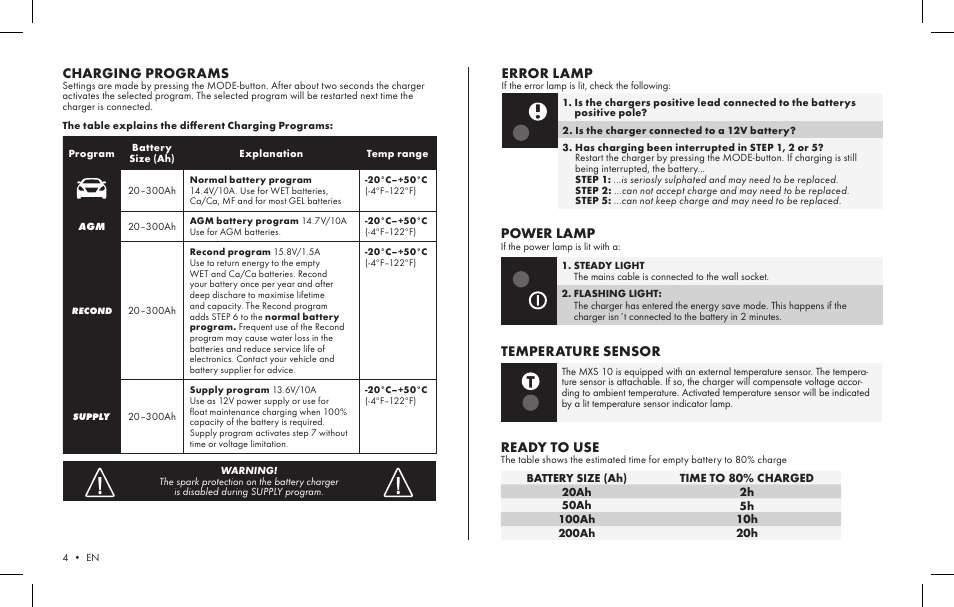 Ready to use, Charging programs, Error lamp | Temperature sensor, Power lamp | CTEK MXS 10 User Manual | Page 2 / 6