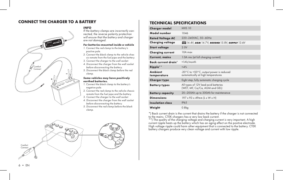 Comfort connect, Technical specifications, Connect the charger to a battery | CTEK MXS 10 User Manual | Page 4 / 6