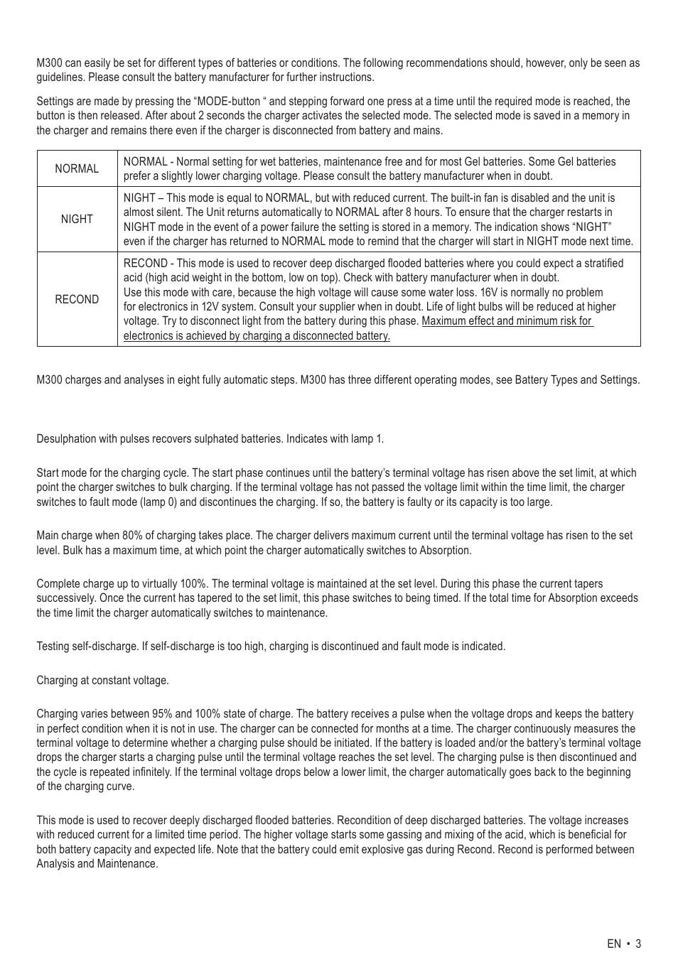 Battery types and settings, Charging phases | CTEK M 300 Incl. STARTER User Manual | Page 3 / 9