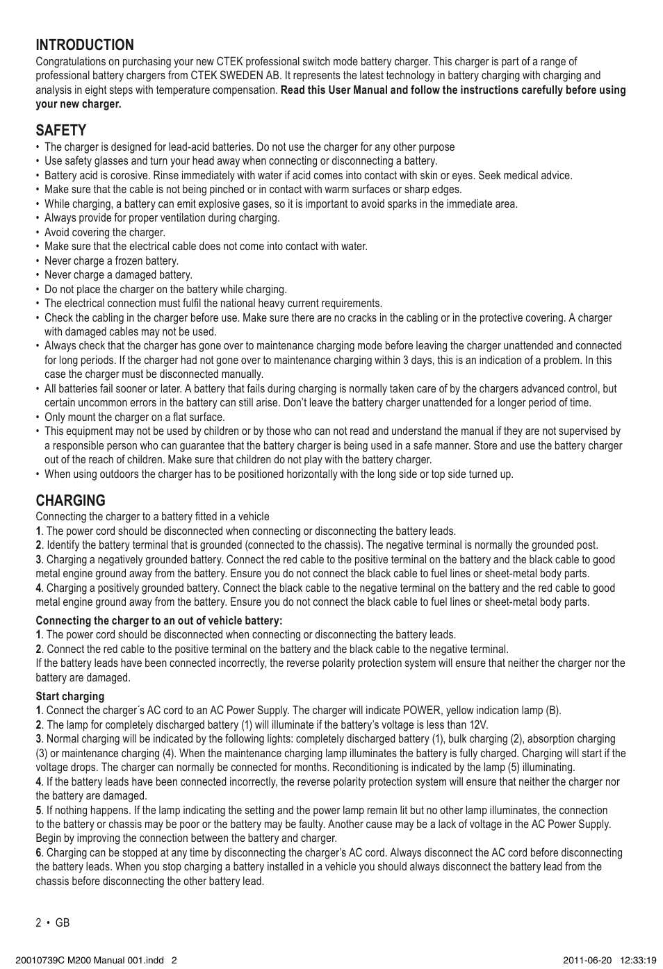Introduction, Safety, Charging | CTEK M 200 User Manual | Page 2 / 7