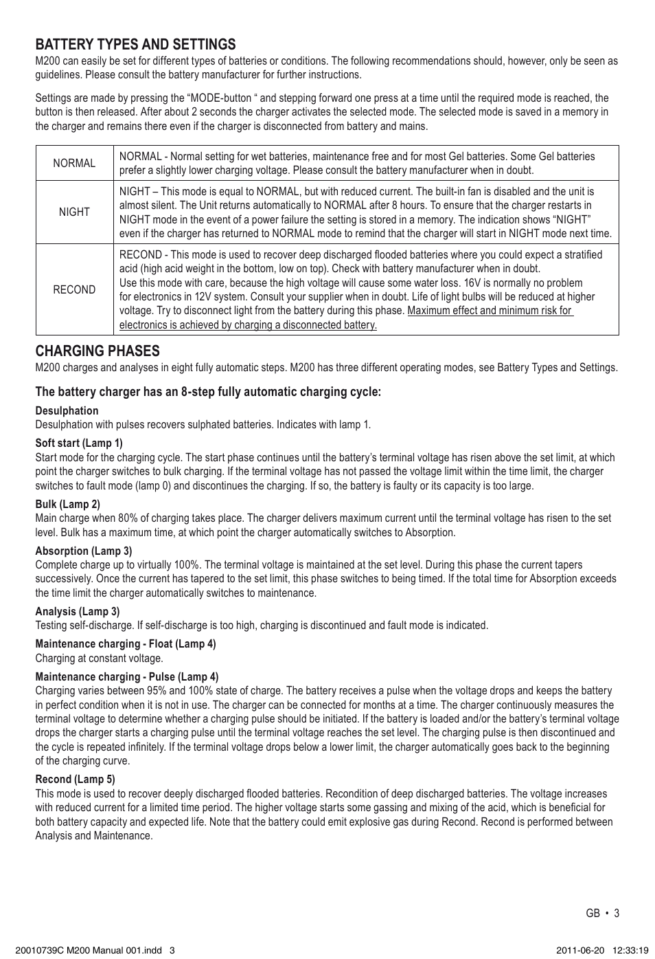 Battery types and settings, Charging phases | CTEK M 200 User Manual | Page 3 / 7