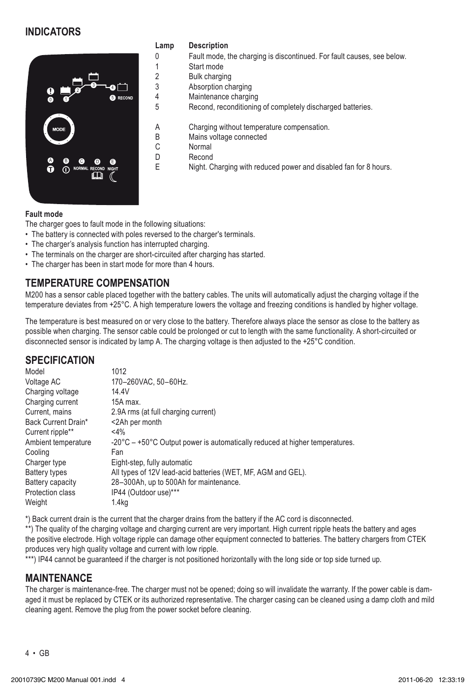 Indicators, Temperature compensation, Specification | Maintenance | CTEK M 200 User Manual | Page 4 / 7