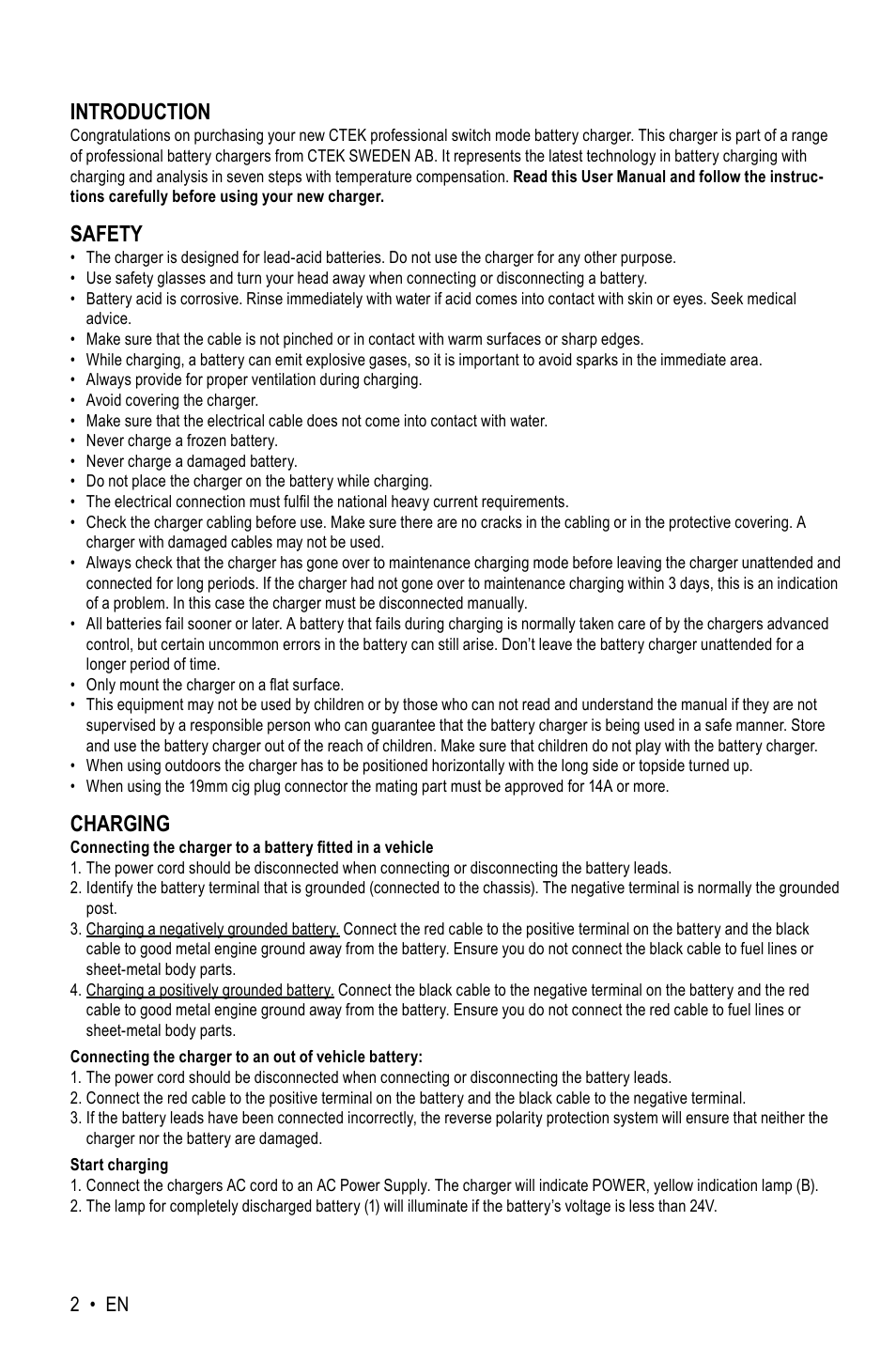 Introduction, Safety, Charging | CTEK MXT 14000 AE User Manual | Page 2 / 8