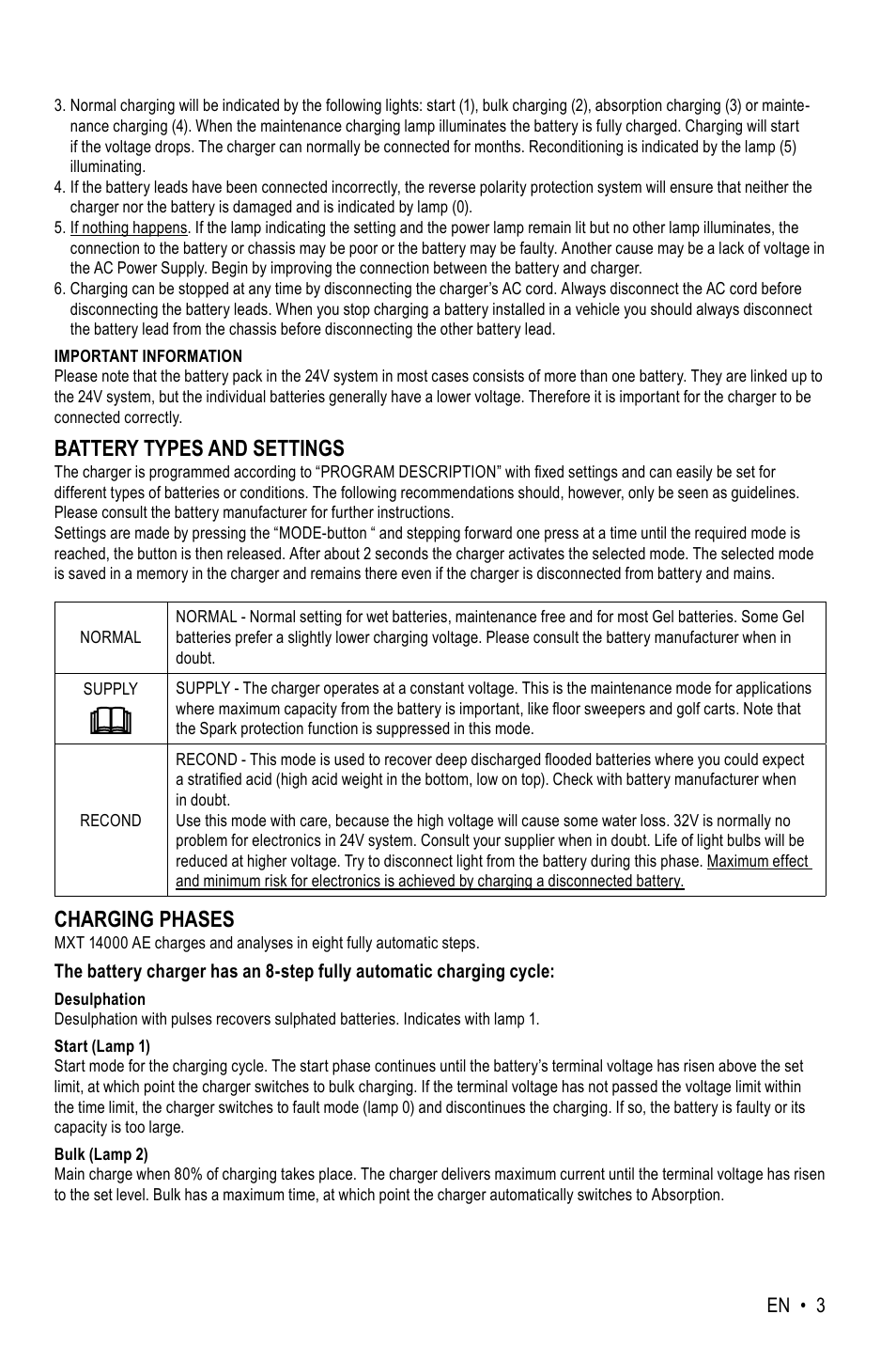 Battery types and settings, Charging phases | CTEK MXT 14000 AE User Manual | Page 3 / 8