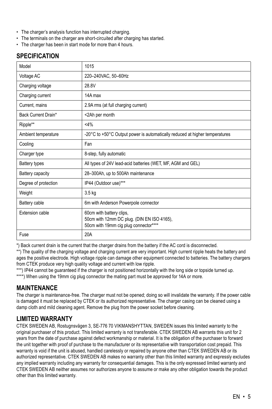 Specification, Maintenance, Limited warranty | CTEK MXT 14000 AE User Manual | Page 5 / 8