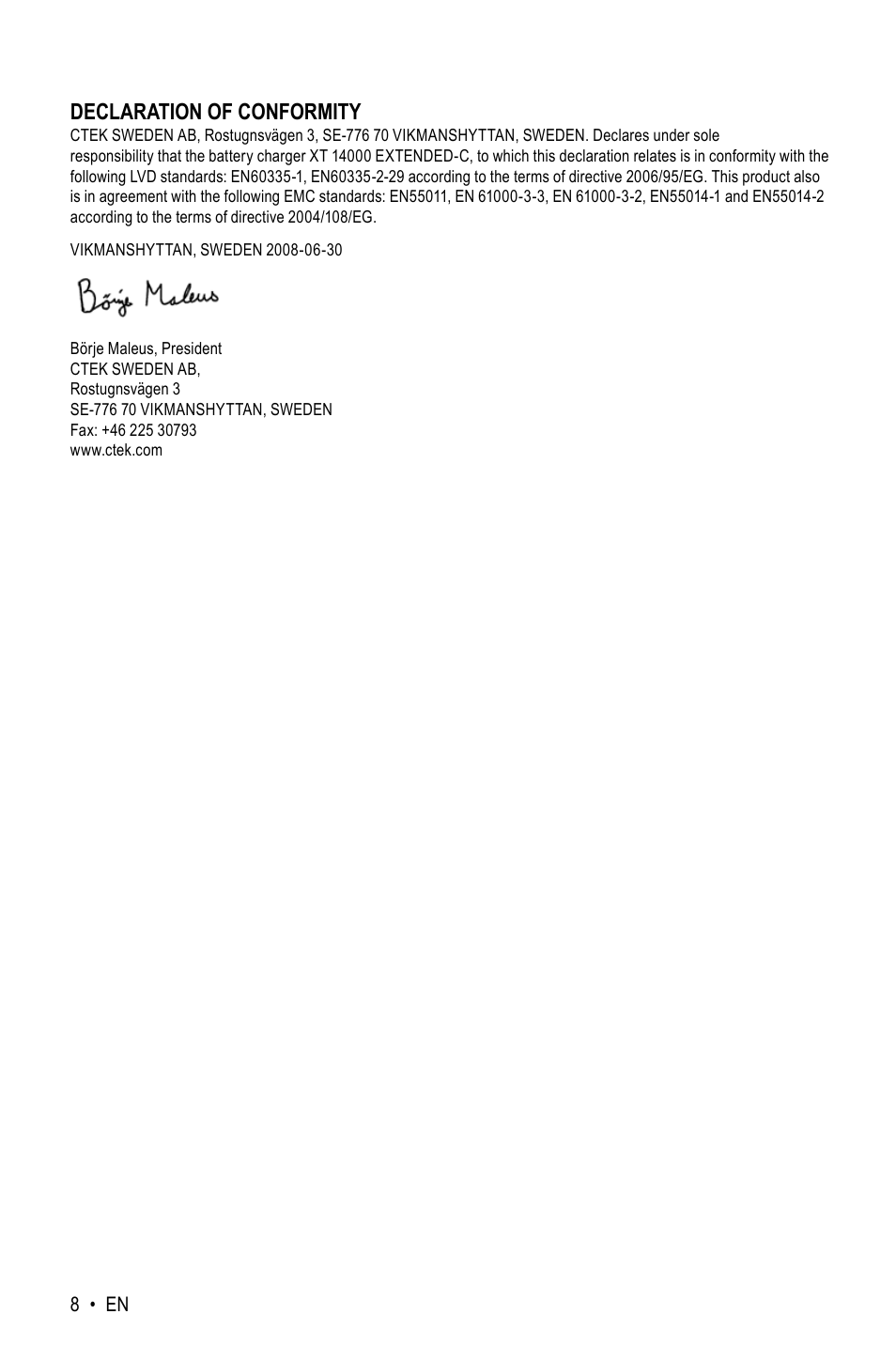 Declaration of conformity | CTEK MXT 14000 AE User Manual | Page 8 / 8