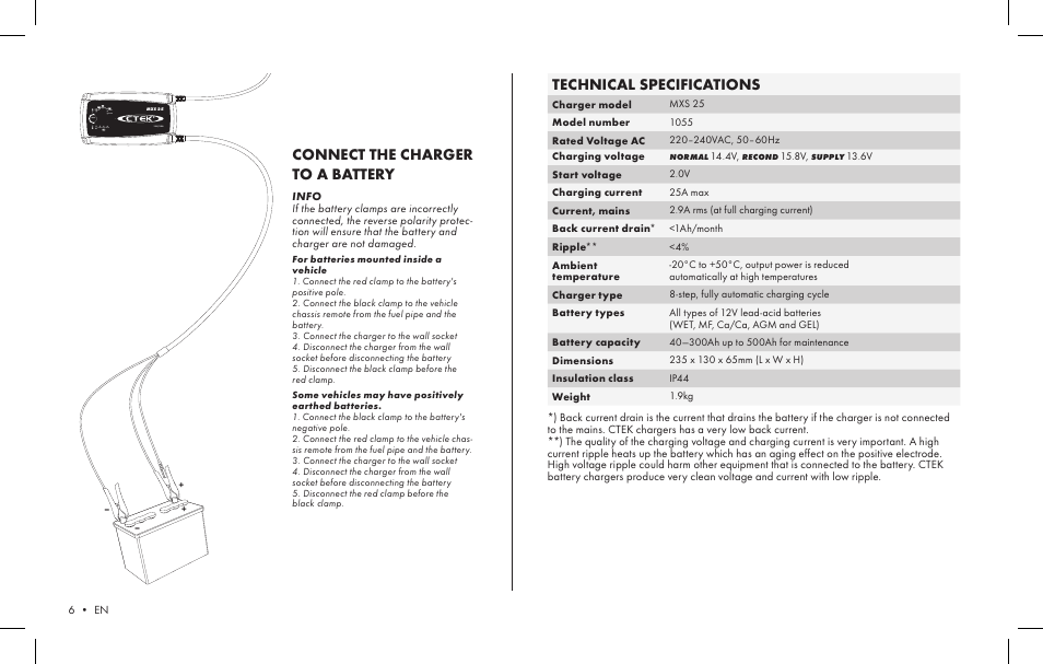Technical specifications, Connect the charger to a battery | CTEK MXS 25 User Manual | Page 4 / 6