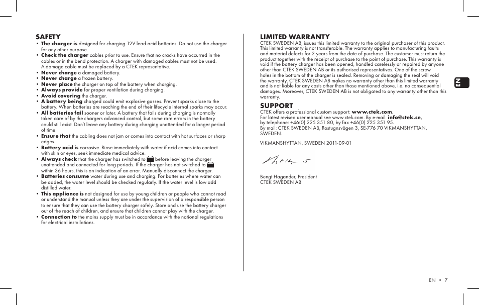 Safety, Limited warranty, Support | CTEK MXS 25 User Manual | Page 5 / 6