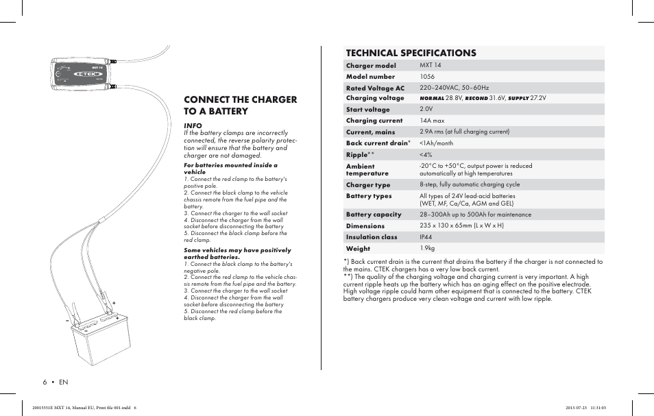 Technical specifications, Connect the charger to a battery | CTEK MXT 14 User Manual | Page 4 / 6