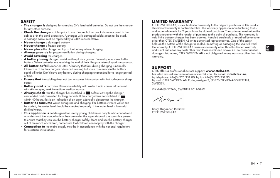 Safety, Limited warranty, Support | CTEK MXT 14 User Manual | Page 5 / 6