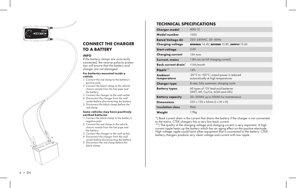 Technical specifications, Connect the charger to a battery | CTEK MXS 15 User Manual | Page 4 / 6