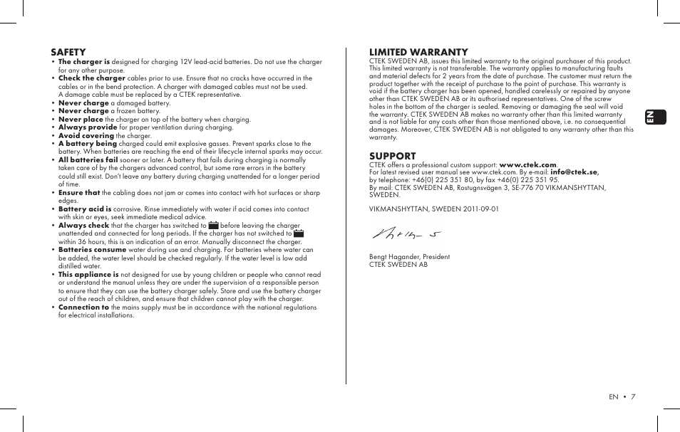 Safety, Limited warranty, Support | CTEK MXS 15 User Manual | Page 5 / 6