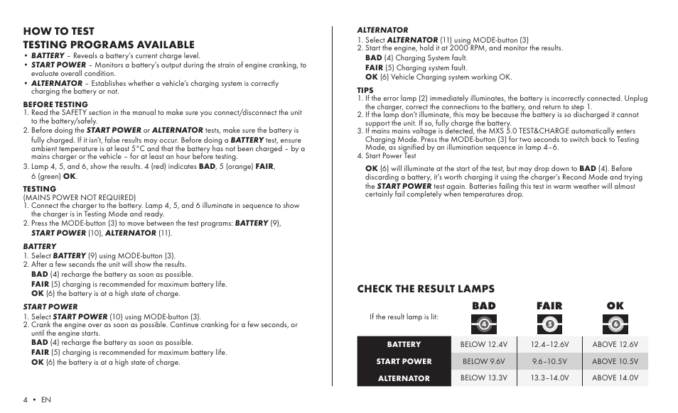 Check the result lamps, Bad fair ok, How to test testing programs available | CTEK MXS 5.0 TEST AND CHARGE User Manual | Page 2 / 8