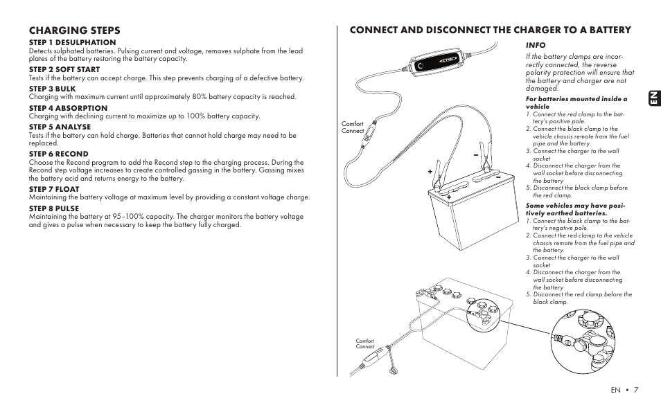 Comfort connect, Charging steps, Connect and disconnect the charger to a battery | CTEK MXS 5.0 TEST AND CHARGE User Manual | Page 5 / 8