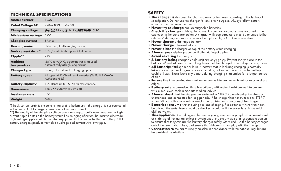 Safety, Technical specifications | CTEK MXS 5.0 TEST AND CHARGE User Manual | Page 6 / 8