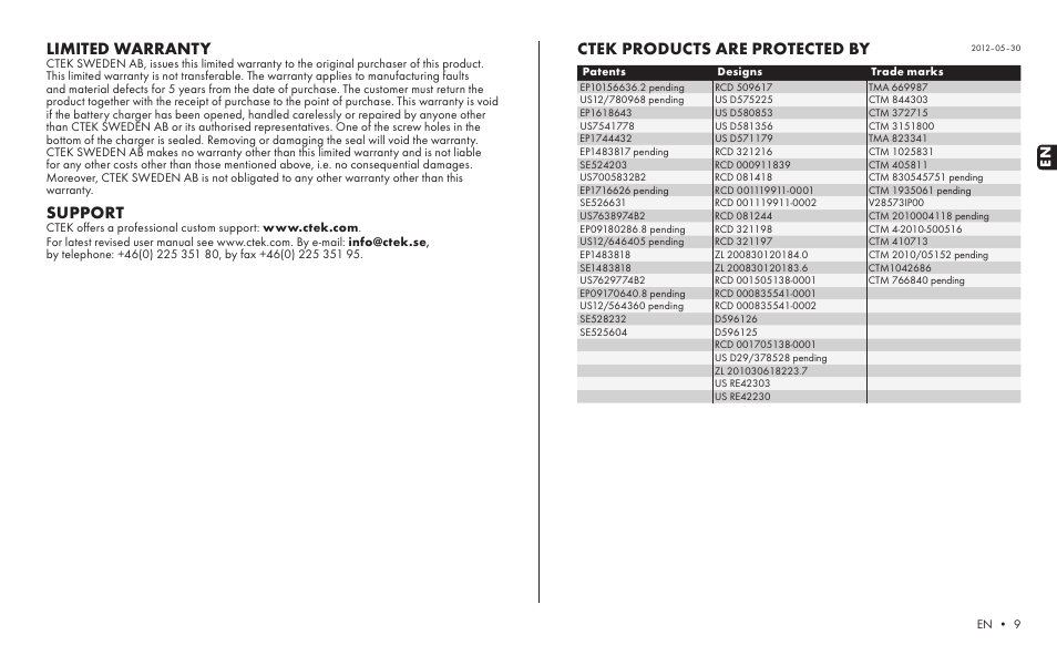 Limited warranty, Support, Ctek products are protected by | CTEK MXS 5.0 TEST AND CHARGE User Manual | Page 7 / 8
