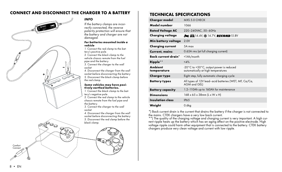 Comfort connect, Technical specifications, Connect and disconnect the charger to a battery | CTEK MXS 5.0 CHECK User Manual | Page 6 / 8