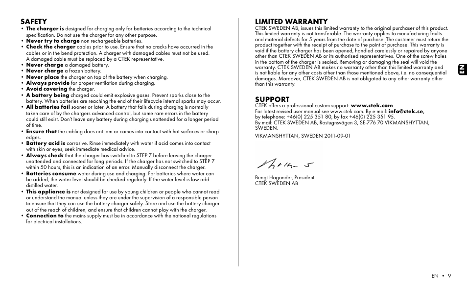 Limited warranty, Support, Safety | CTEK MXS 5.0 CHECK User Manual | Page 7 / 8