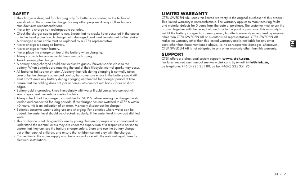 Safety, Limited warranty, Support | CTEK MXS 3.8 User Manual | Page 5 / 6