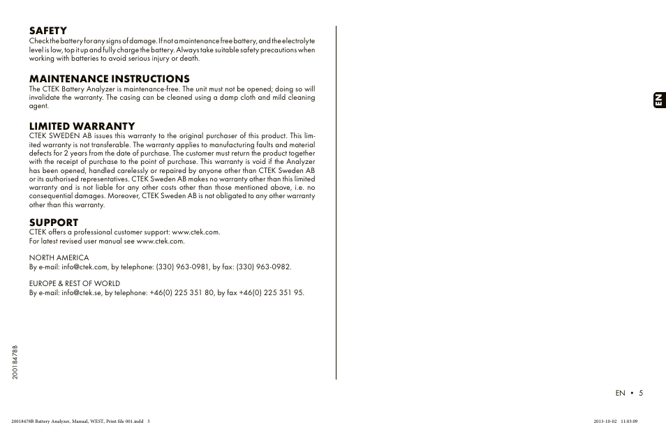 Limited warranty, Support, Safety | Maintenance instructions | CTEK Battery Analyzer User Manual | Page 3 / 3
