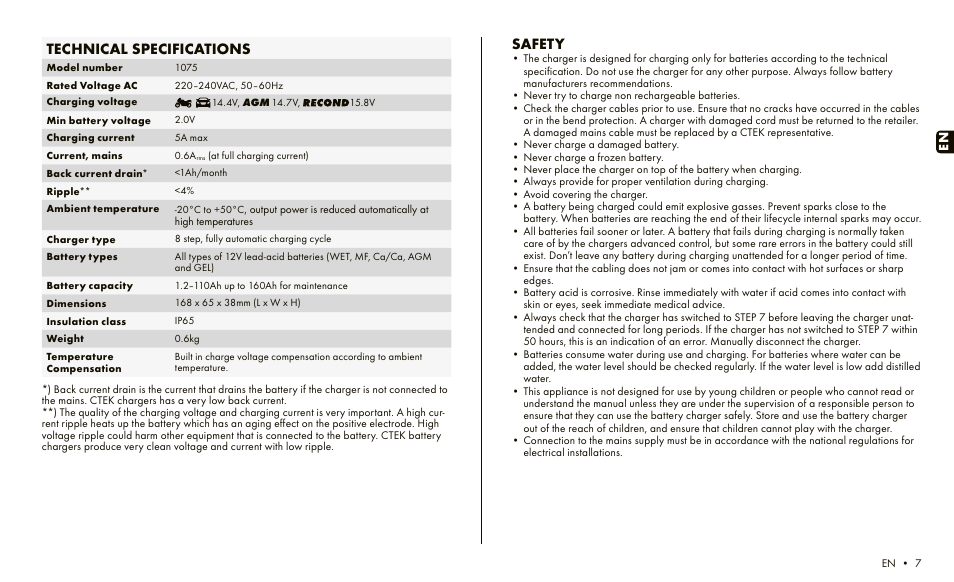 Safety, Technical specifications | CTEK MXS 5.0 User Manual | Page 5 / 6