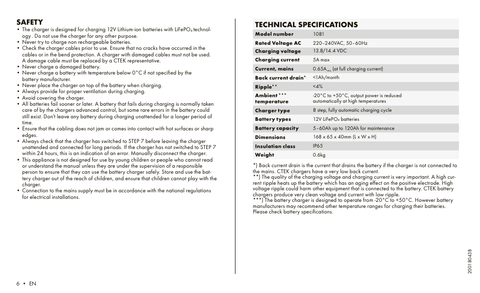 Safety, Technical specifications | CTEK LITHIUM XS User Manual | Page 4 / 6