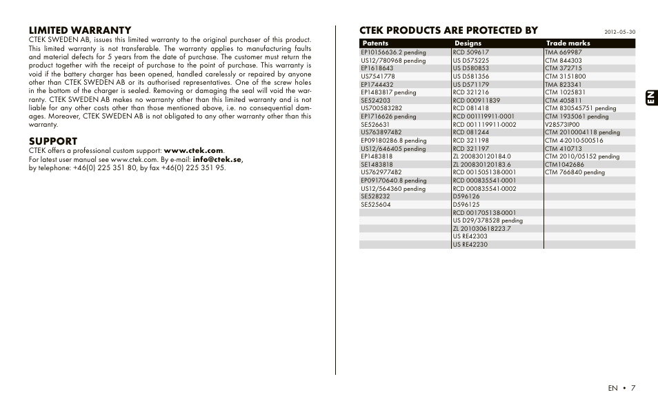Limited warranty, Support, Ctek products are protected by | CTEK LITHIUM XS User Manual | Page 5 / 6