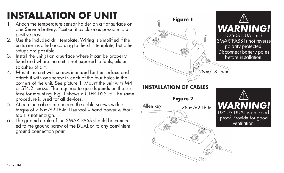 Installation of unit, Warning | CTEK SMARTPASS User Manual | Page 12 / 24