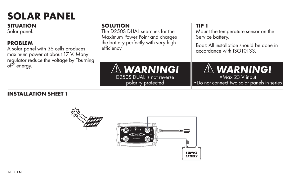 Warning, Solar panel | CTEK SMARTPASS User Manual | Page 14 / 24