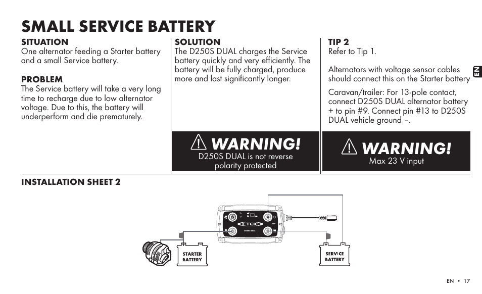 Warning, Small service battery | CTEK SMARTPASS User Manual | Page 15 / 24