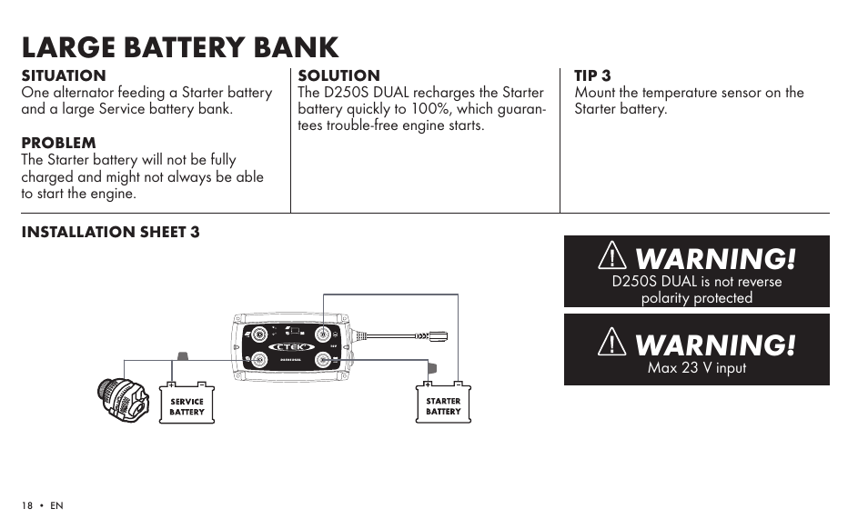 Large battery bank warning, Warning | CTEK SMARTPASS User Manual | Page 16 / 24