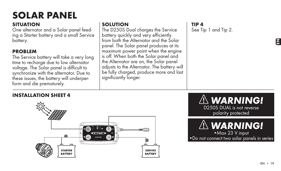 Solar panel warning, Warning | CTEK SMARTPASS User Manual | Page 17 / 24