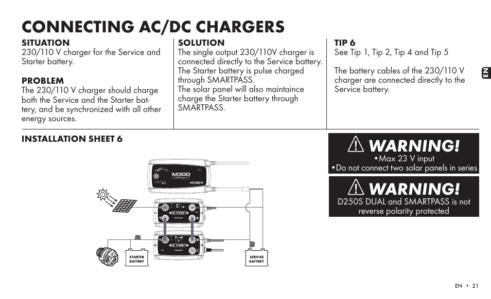 Connecting ac/dc chargers warning, Warning | CTEK SMARTPASS User Manual | Page 19 / 24