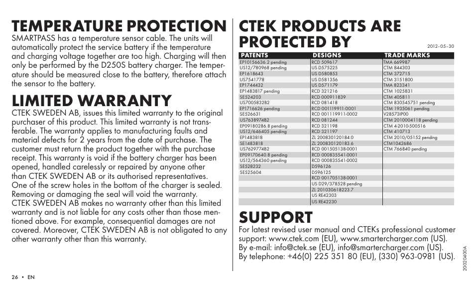 Temperature protection, Limited warranty, Ctek products are protected by | Support | CTEK SMARTPASS User Manual | Page 24 / 24