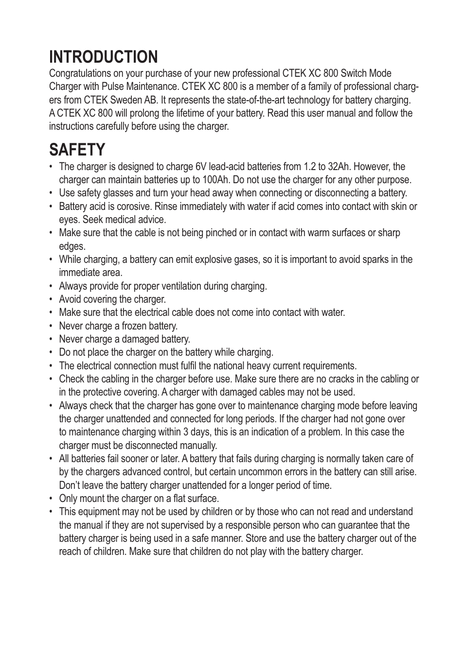 Introduction, Safety | CTEK XC 800 User Manual | Page 2 / 7