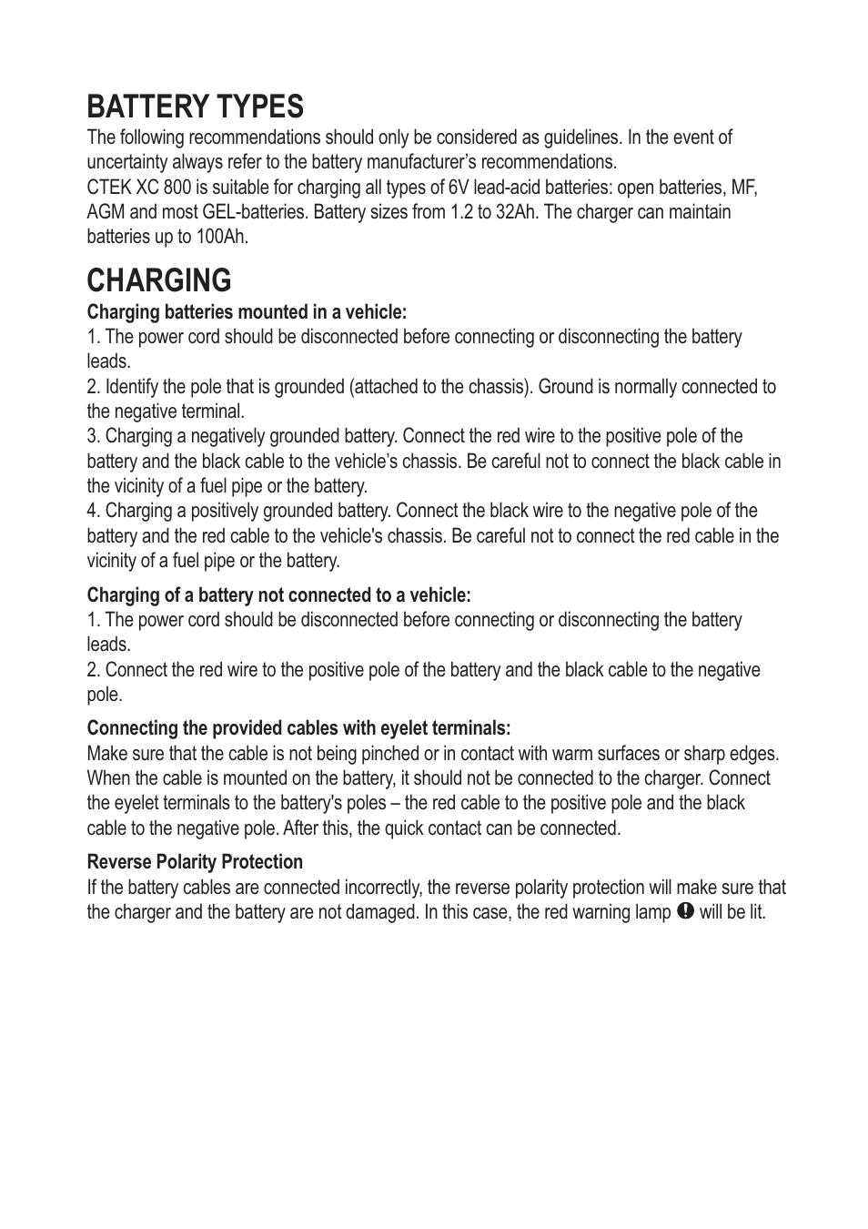 Battery types, Charging | CTEK XC 800 User Manual | Page 3 / 7