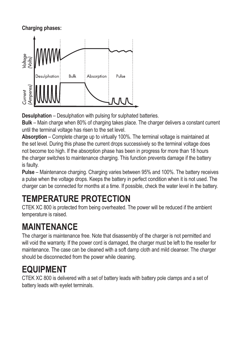 Temperature protection, Maintenance, Equipment | CTEK XC 800 User Manual | Page 5 / 7