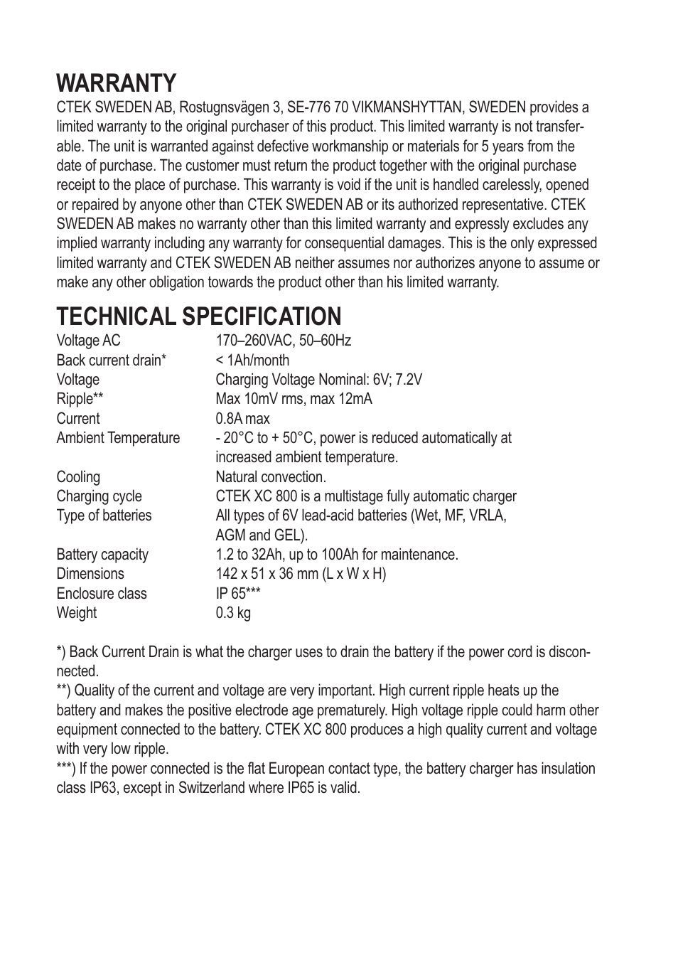 Warranty, Technical specification | CTEK XC 800 User Manual | Page 6 / 7