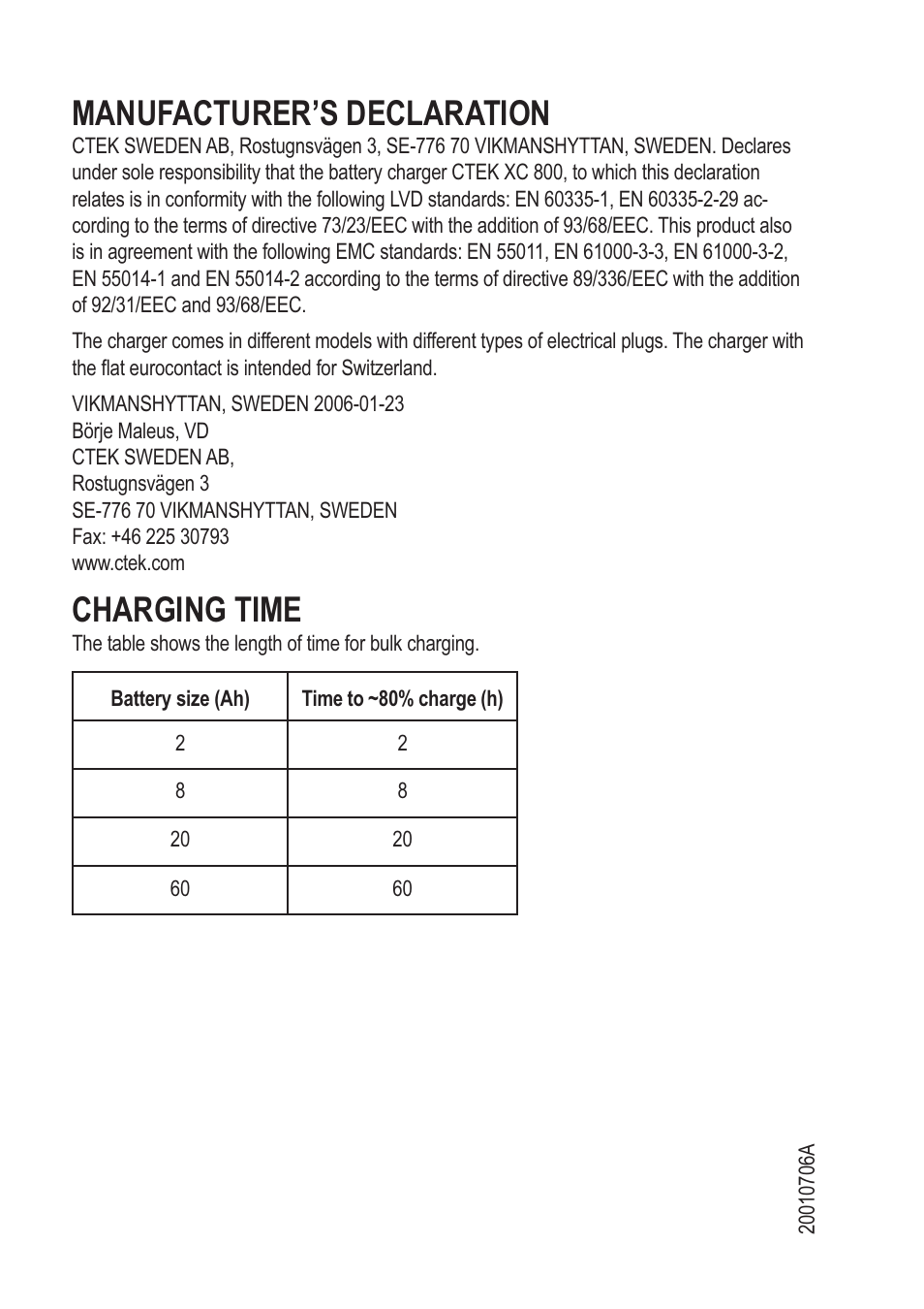 Manufacturer’s declaration, Charging time | CTEK XC 800 User Manual | Page 7 / 7