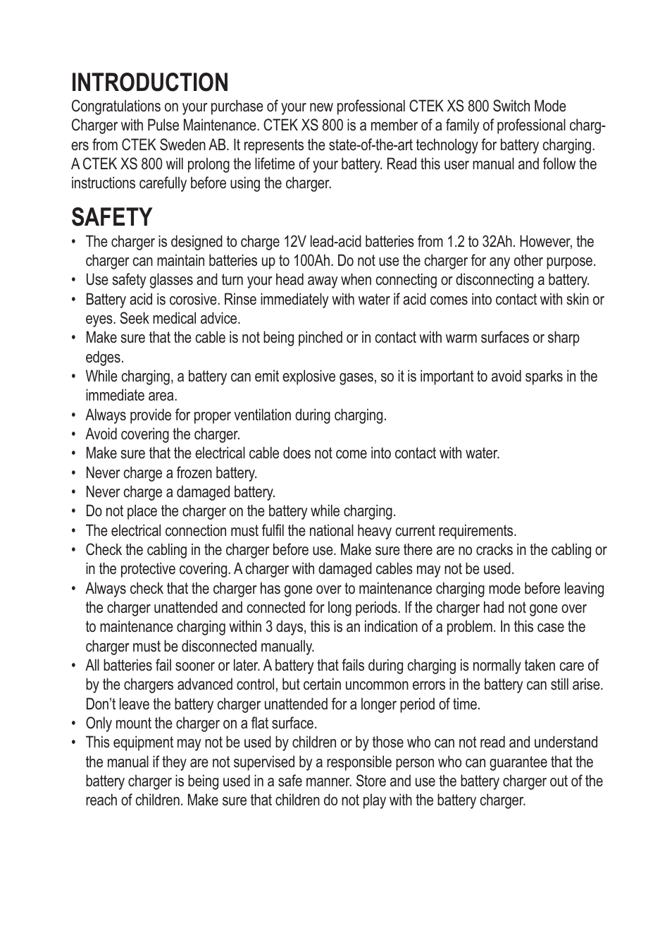 Introduction, Safety | CTEK XS 800 User Manual | Page 2 / 7
