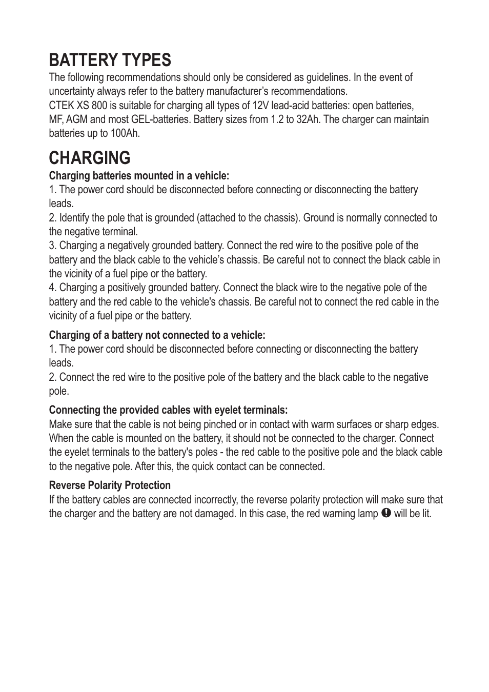 Battery types, Charging | CTEK XS 800 User Manual | Page 3 / 7