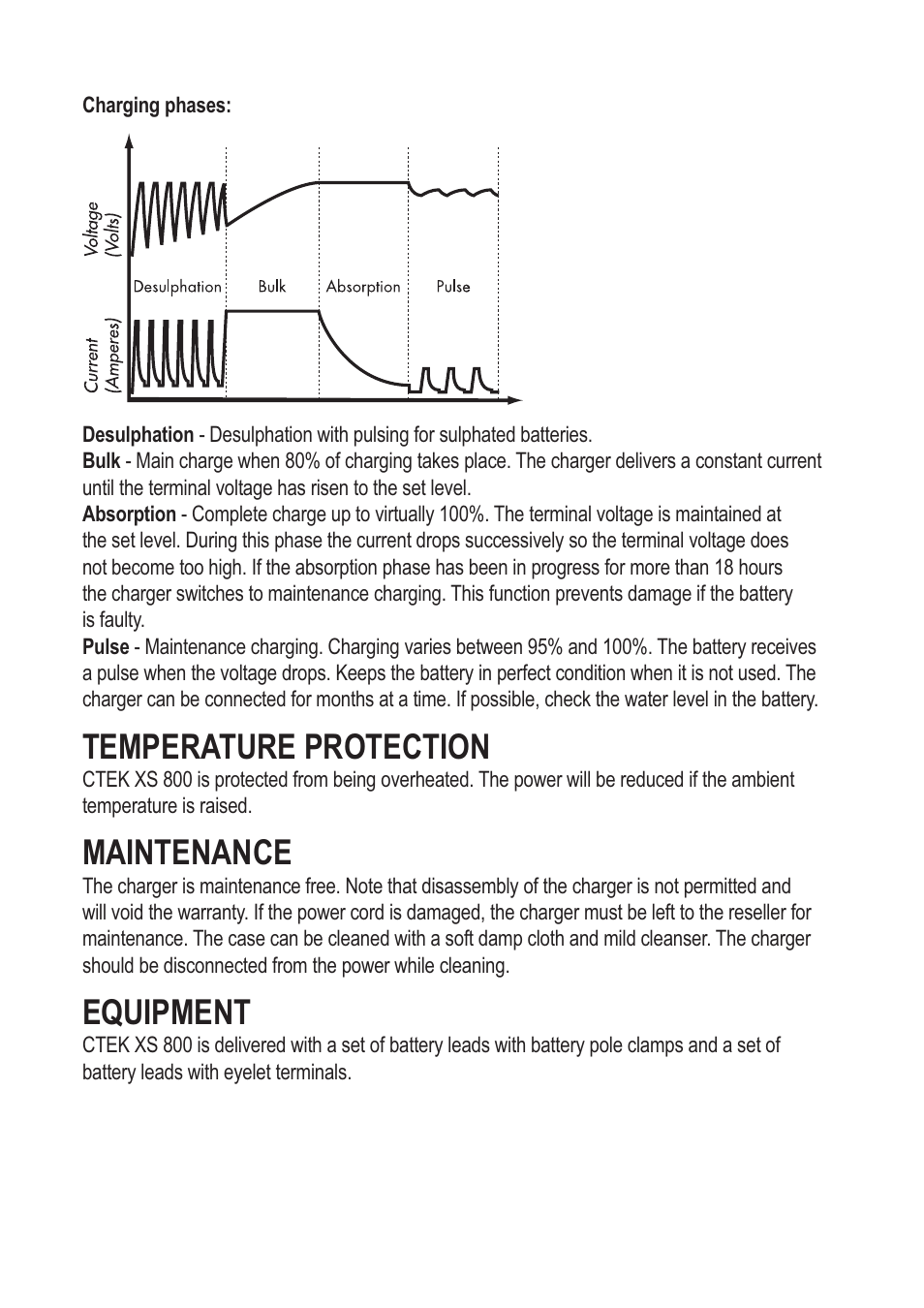 Temperature protection, Maintenance, Equipment | CTEK XS 800 User Manual | Page 5 / 7