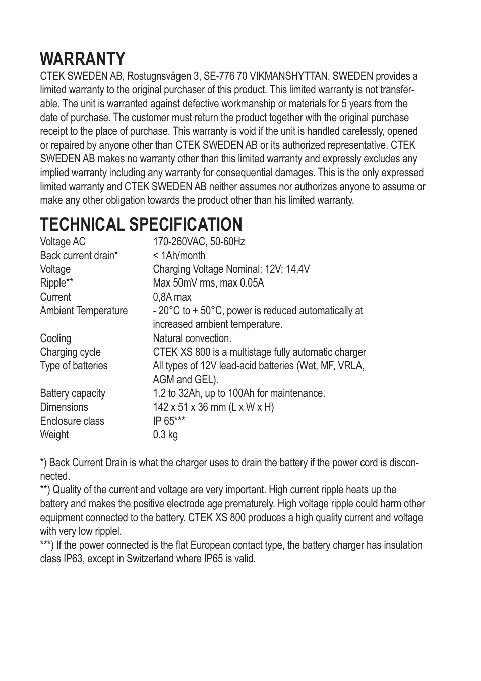 Warranty, Technical specification | CTEK XS 800 User Manual | Page 6 / 7