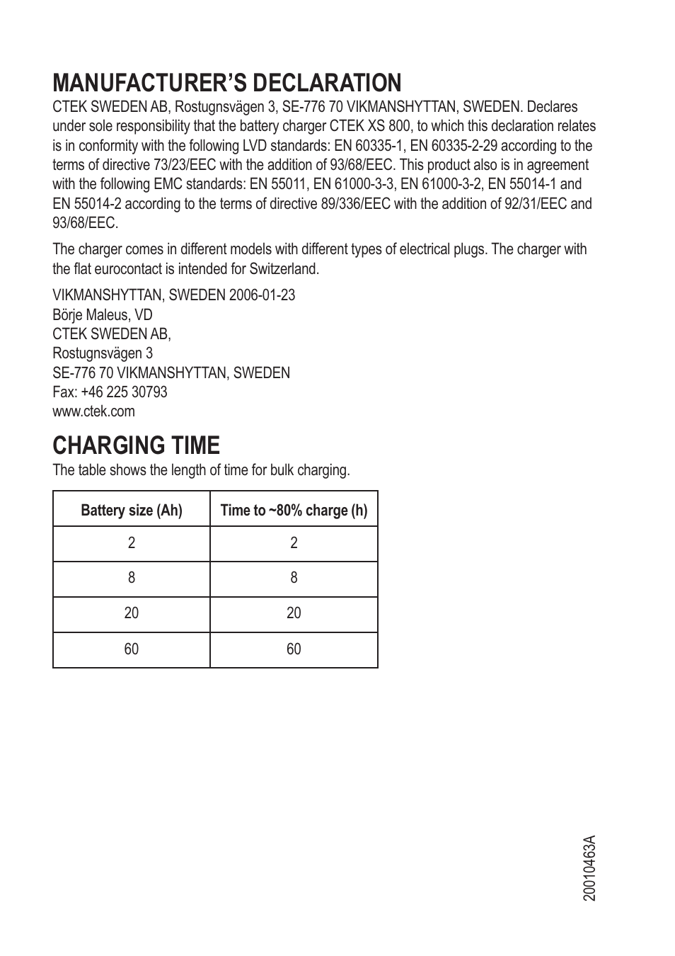 Manufacturer’s declaration, Charging time | CTEK XS 800 User Manual | Page 7 / 7