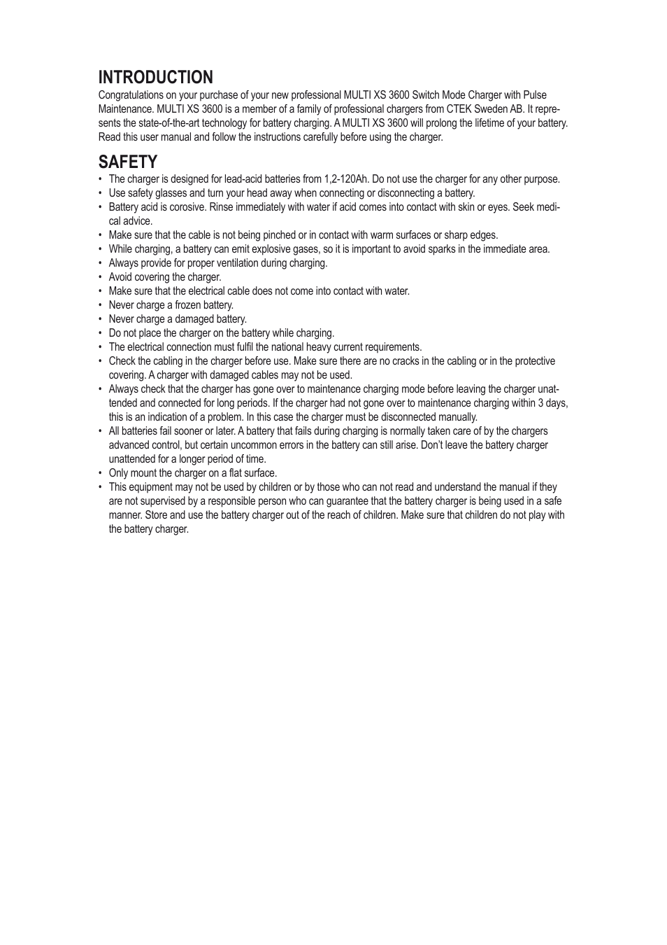 Introduction, Safety | CTEK MXS 3600 User Manual | Page 2 / 7