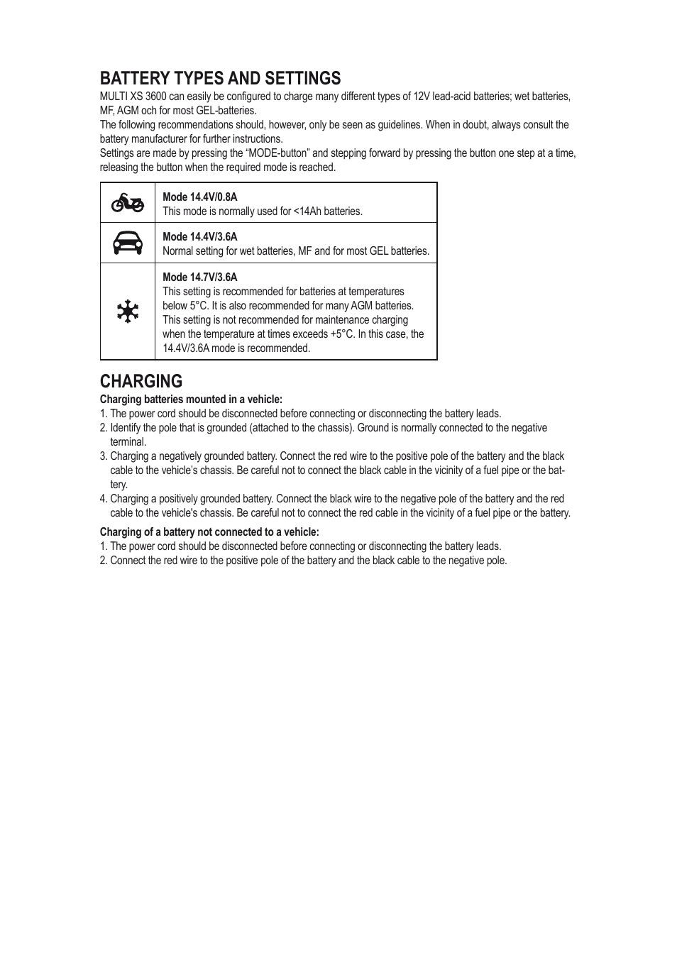 Battery types and settings, Charging | CTEK MXS 3600 User Manual | Page 3 / 7